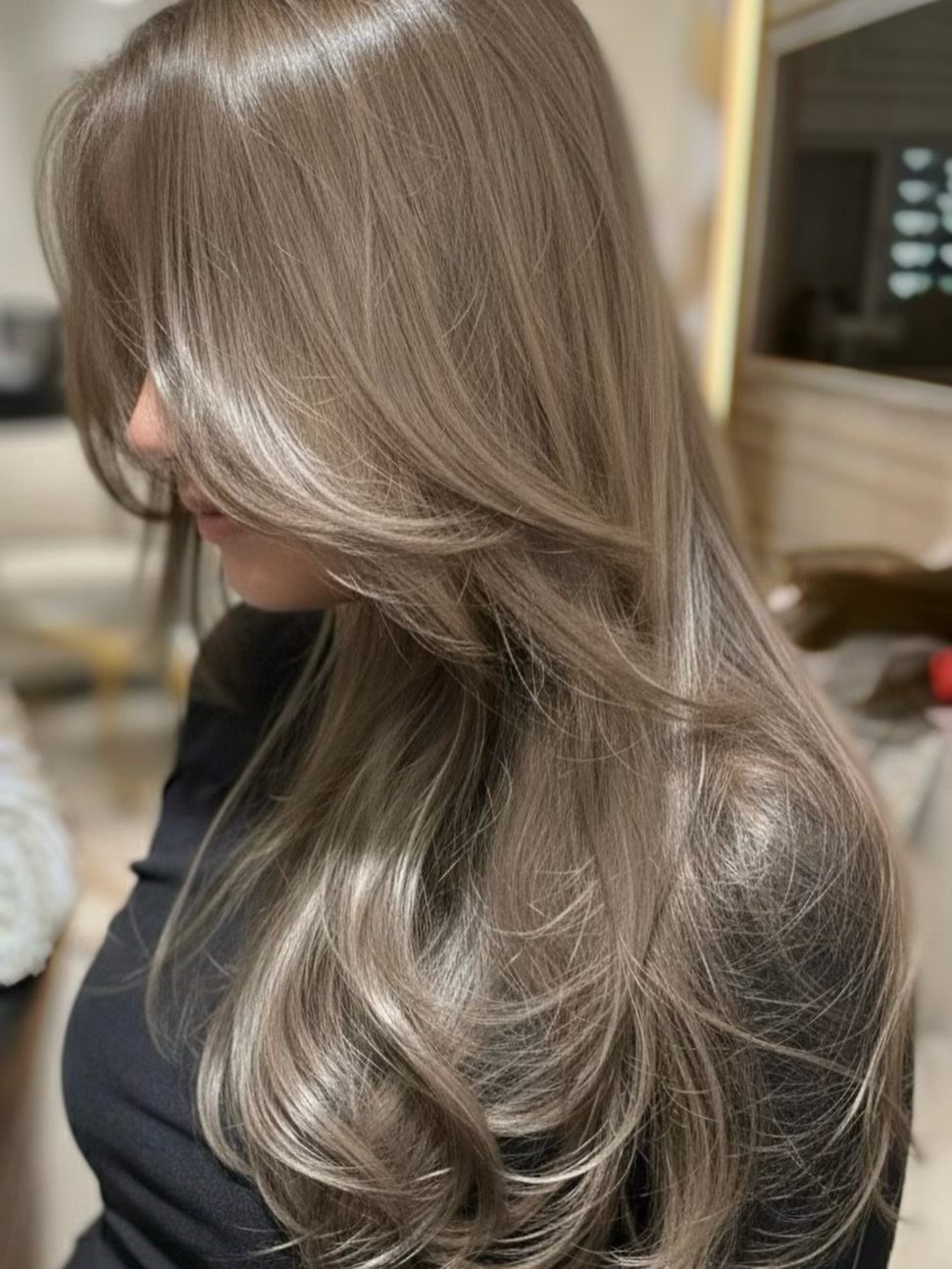 Long glossy greige blonde hair falls in soft layered waves over a black top