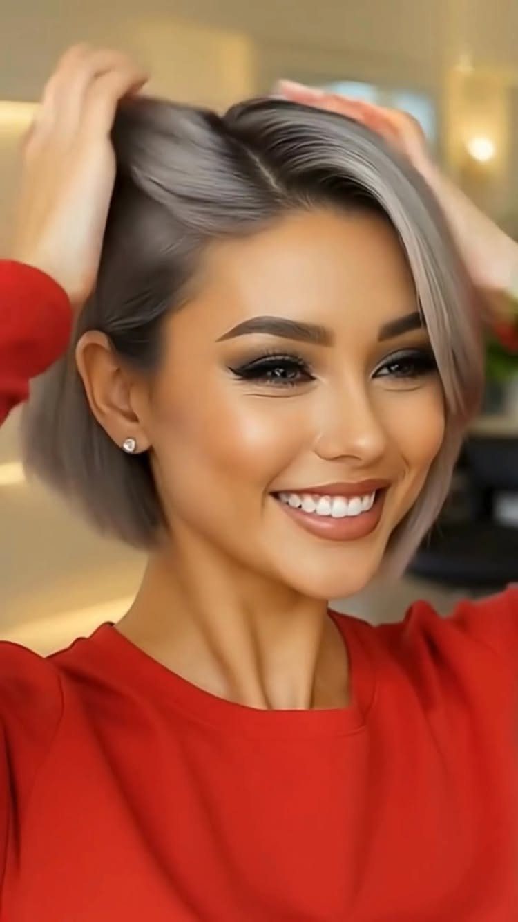Woman lifting her short, side-parted silver-gray blonde hair