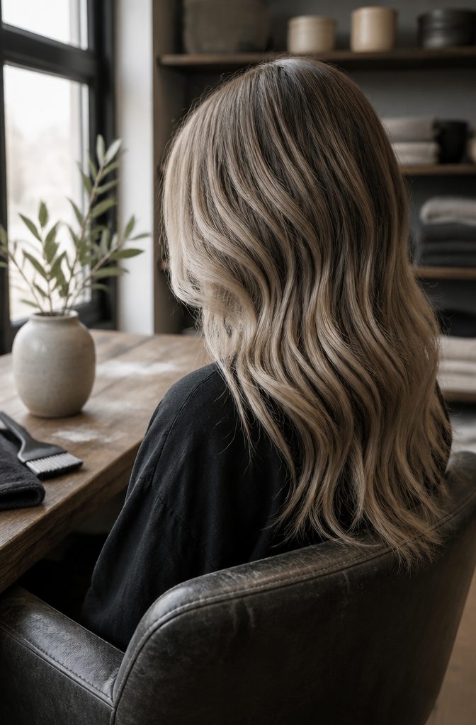 Dark blonde hair with smoky ash and mushroom balayage pieces
