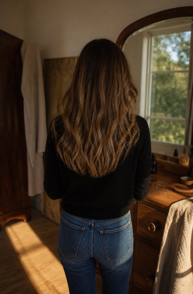 Mid-back hair with a brunette base and softly blended blonde, beige, gold and ash strands
