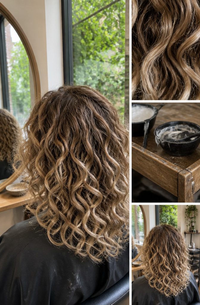 Hair with dark roots and hand-painted blonde pieces through the mid-lengths and ends