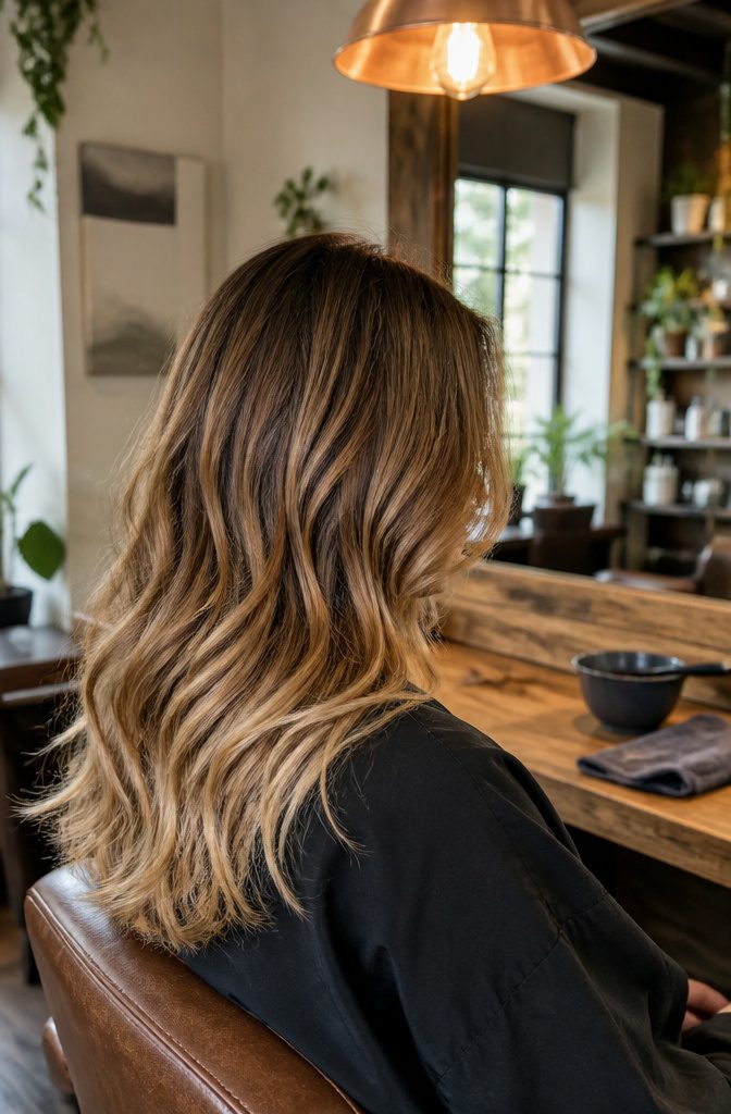 Hair with dark roots and gold, honey and caramel tones through the lengths