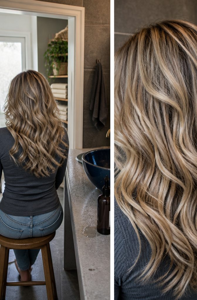 Blonde hair with darker ash-toned strands woven through the lighter pieces