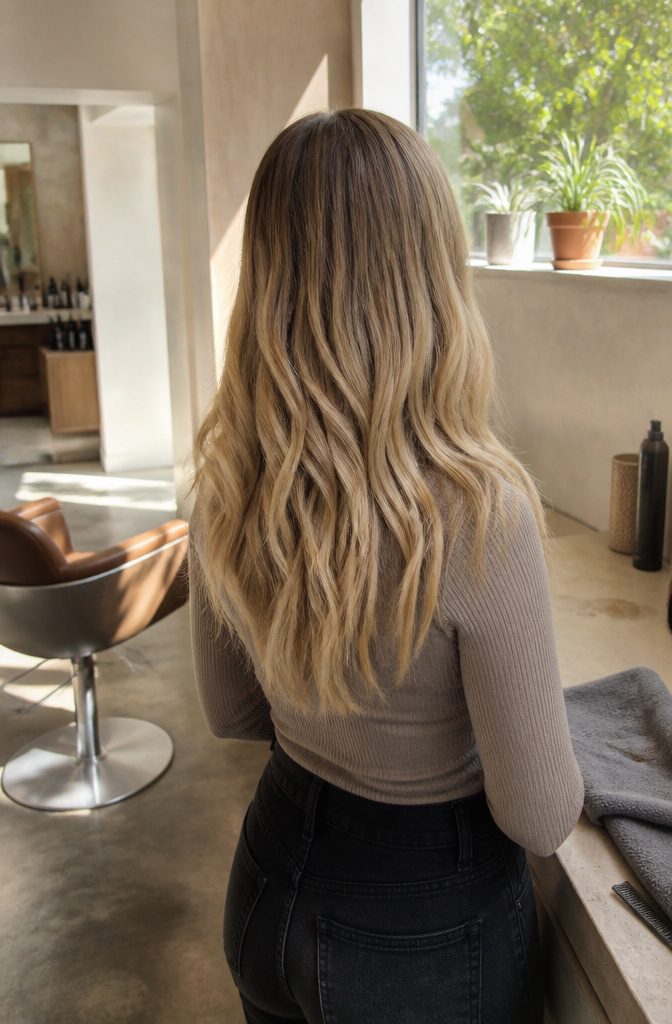 Hair viewed from behind with dark roots blending into blonde lengths