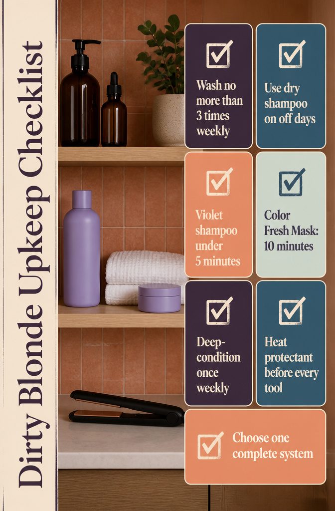 Beauty graphic titled Dirty Blonde Upkeep Checklist with hair care steps and product names