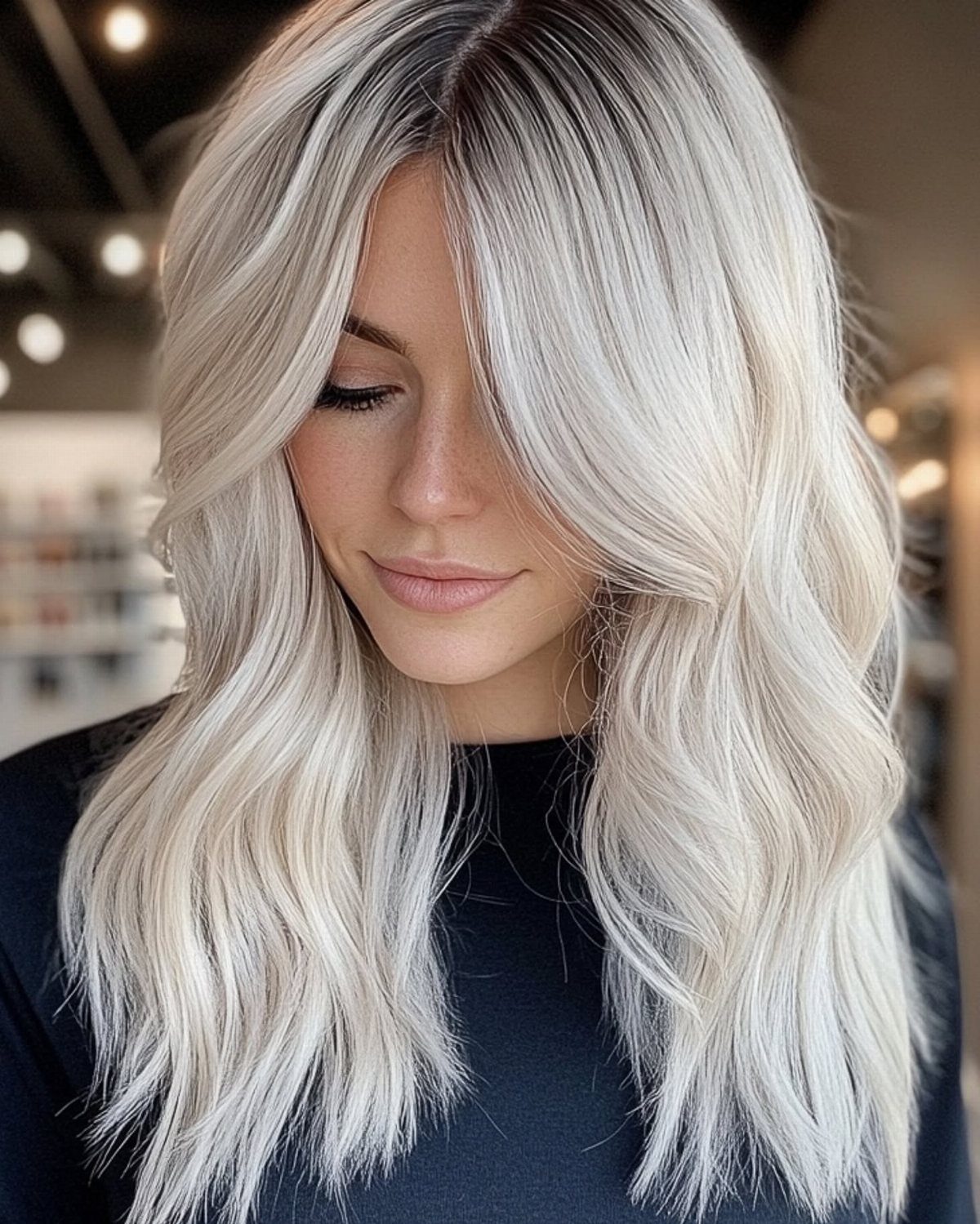 Woman with long platinum waves and cool brown roots in a salon