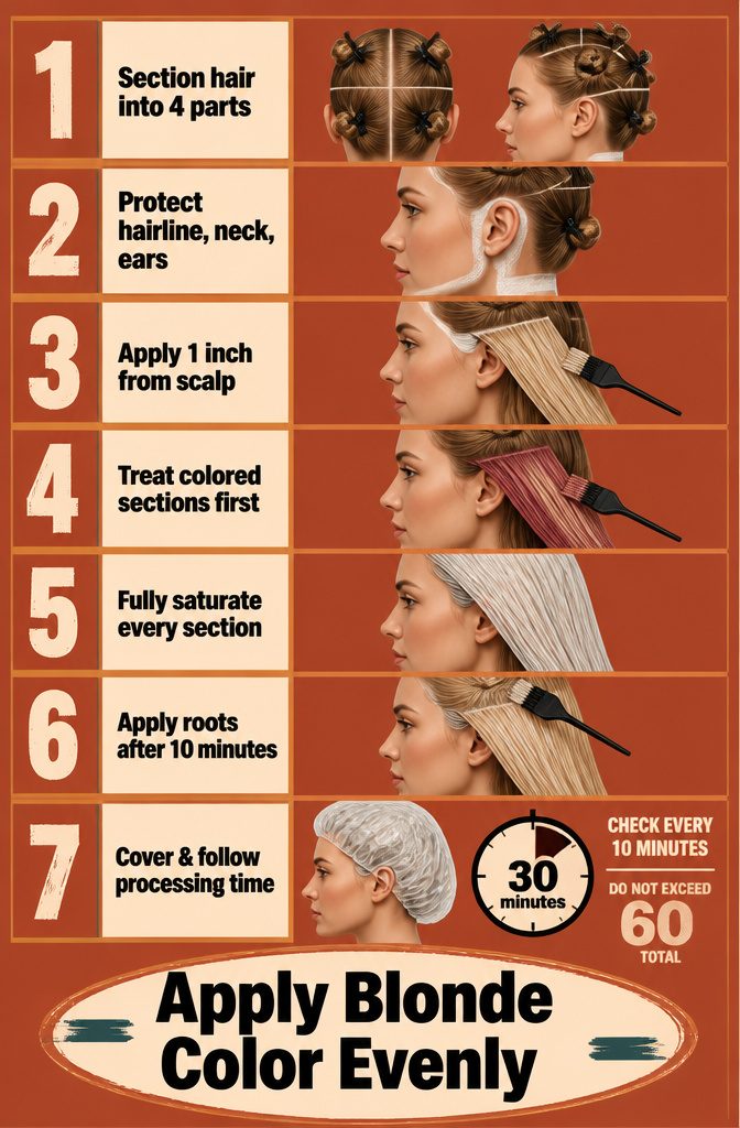 Color application guide shows sectioned hair and even product coverage