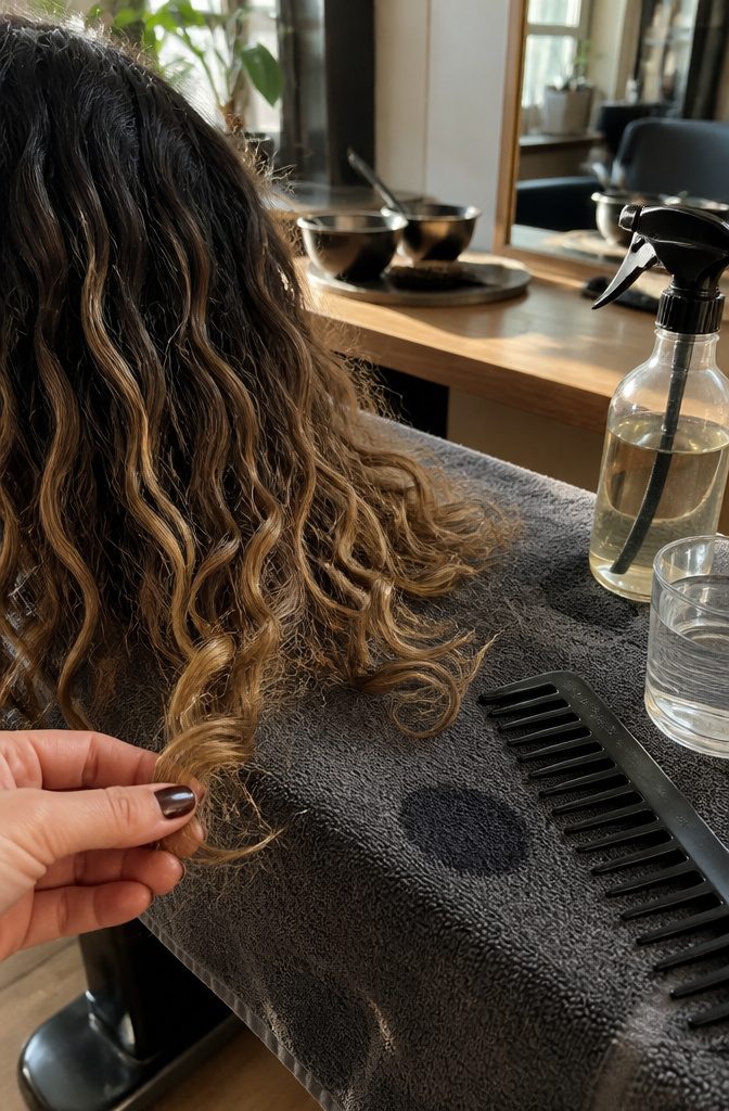 Dark curly hair lies on a salon towel with brittle treated ends