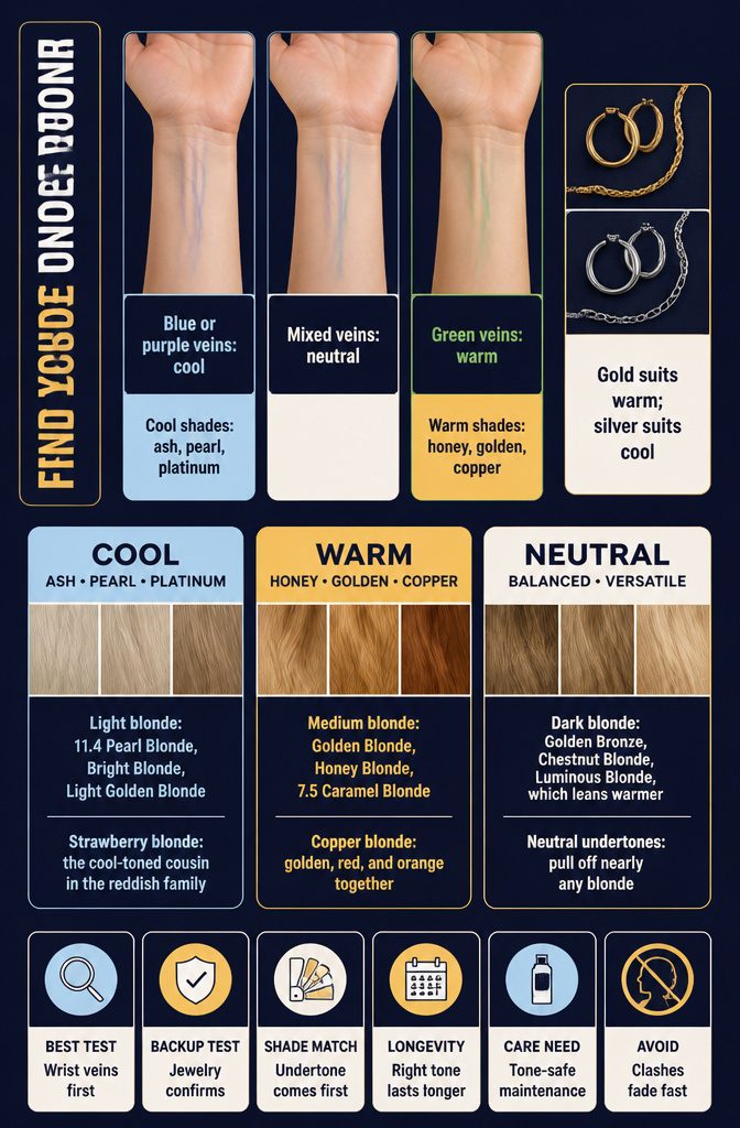 Undertone guide pairs blue and purple wrist veins with cool blonde shades