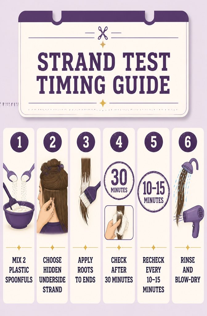 Strand test timing guide shows steps for checking lightened hair