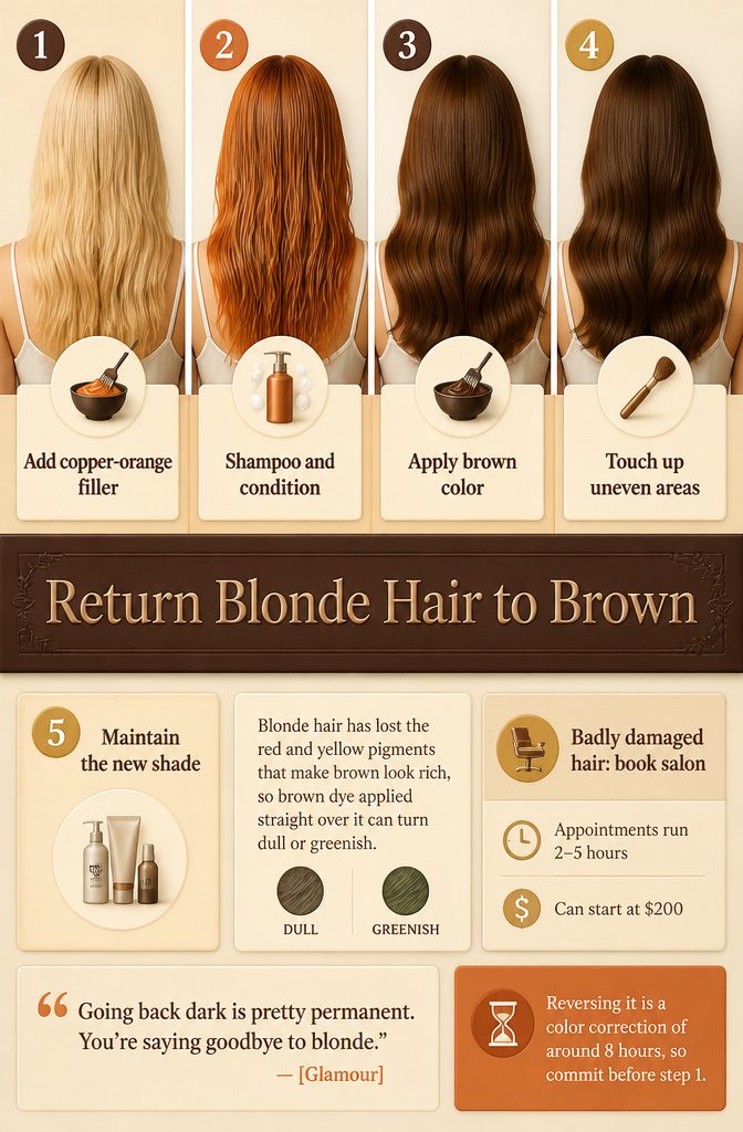 Color guide shows steps for returning blonde hair to brown