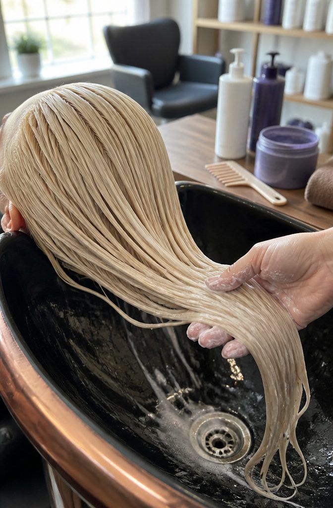 Dyed blonde hair after rinsing and conditioning