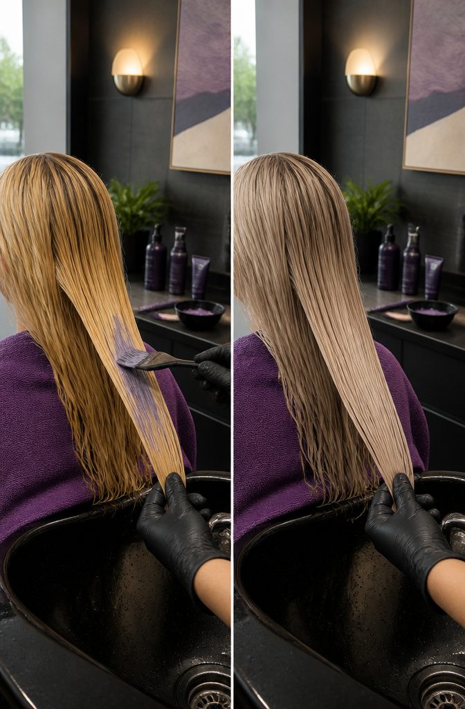 Dyed blonde hair shows warm brassy tones after bleaching