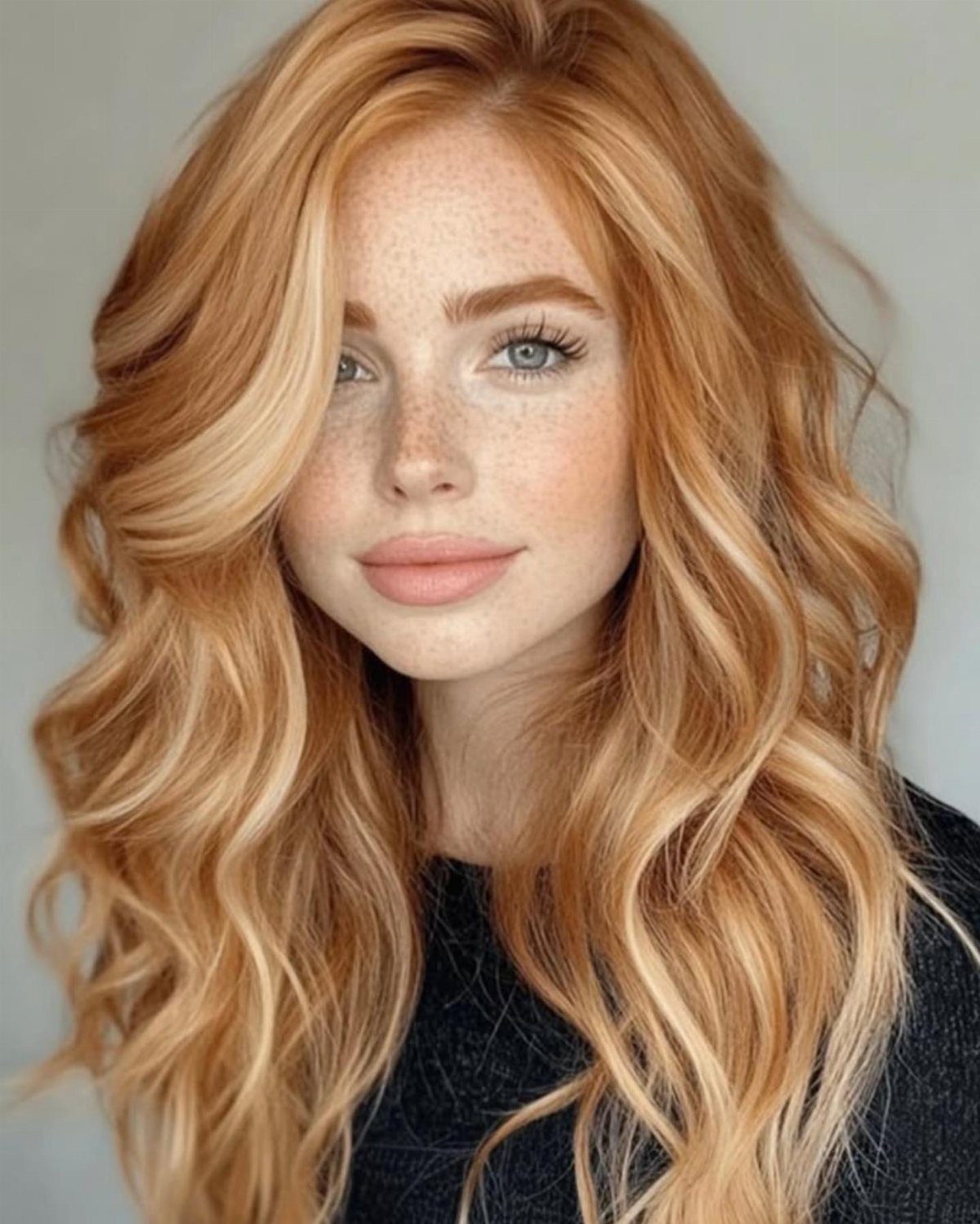 Woman with long wavy caramel strawberry blonde hair and golden highlights