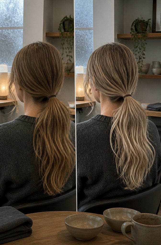 Blonde hair with highlights fading gradually from the natural base