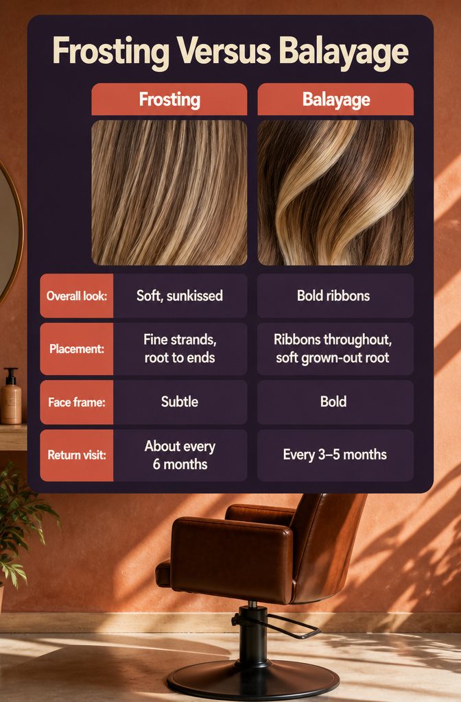 Frosting and balayage comparison chart with placement and face-framing differences