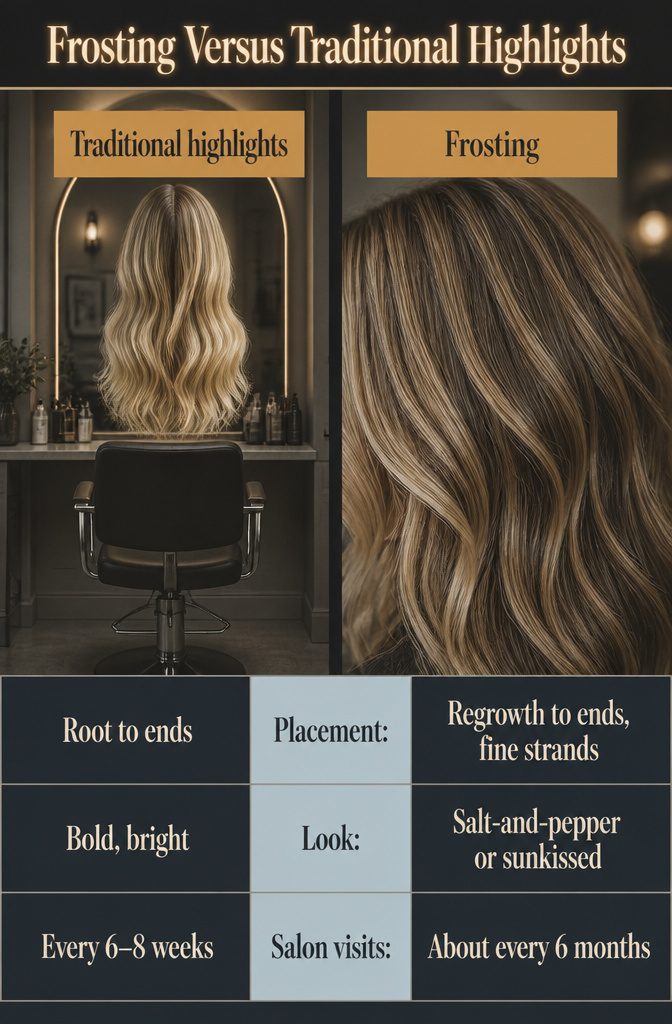 Traditional highlights and frosting comparison chart with placement and salon visits