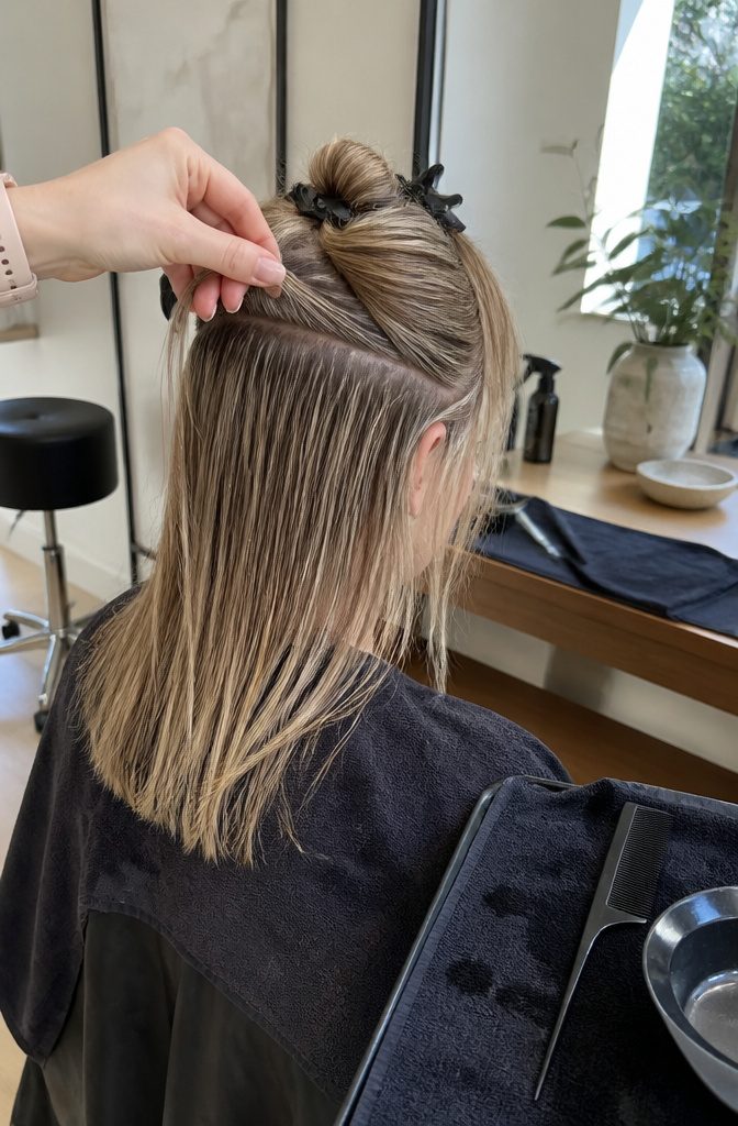Client viewed from behind with fine blonde strands and lighter ends