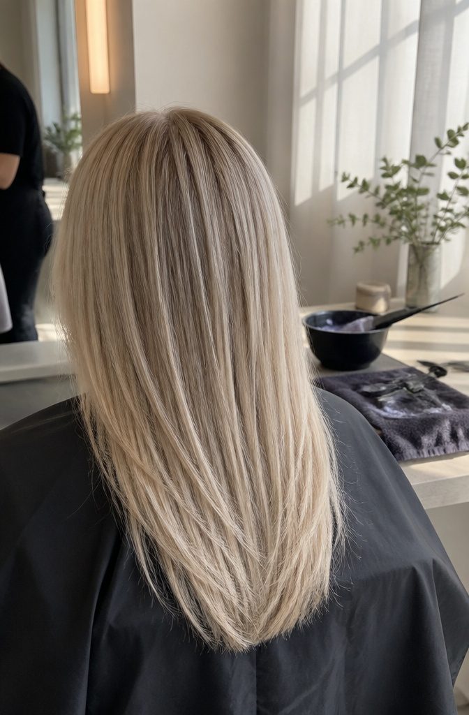 Hair draped over a salon cape with fine blended highlights and graduated ends