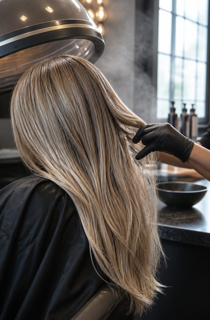 Blonde hair with glossy lightened strands blended against darker roots