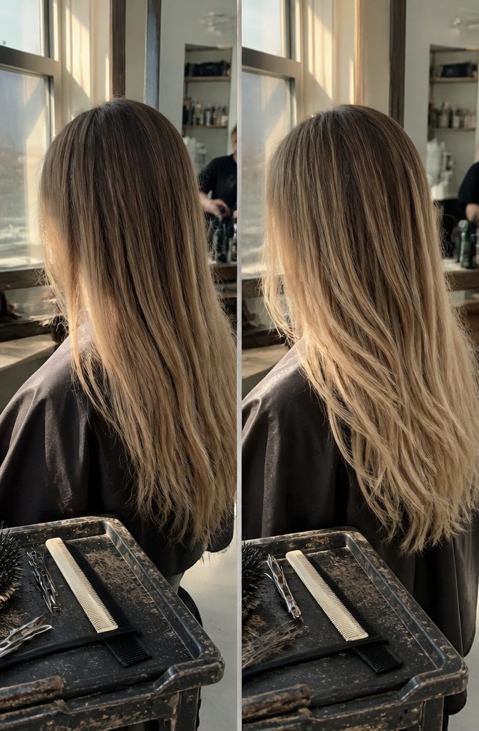 Blonde hair with delicate highlights running from roots to ends