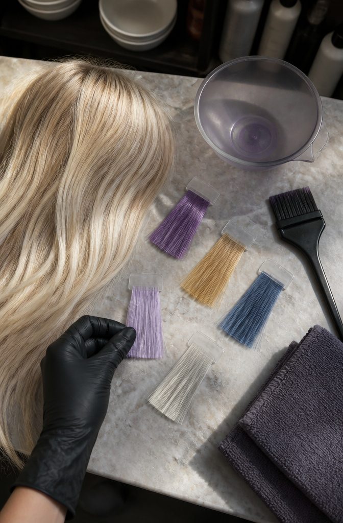 Blonde hair showing light and warm tones for shade matching