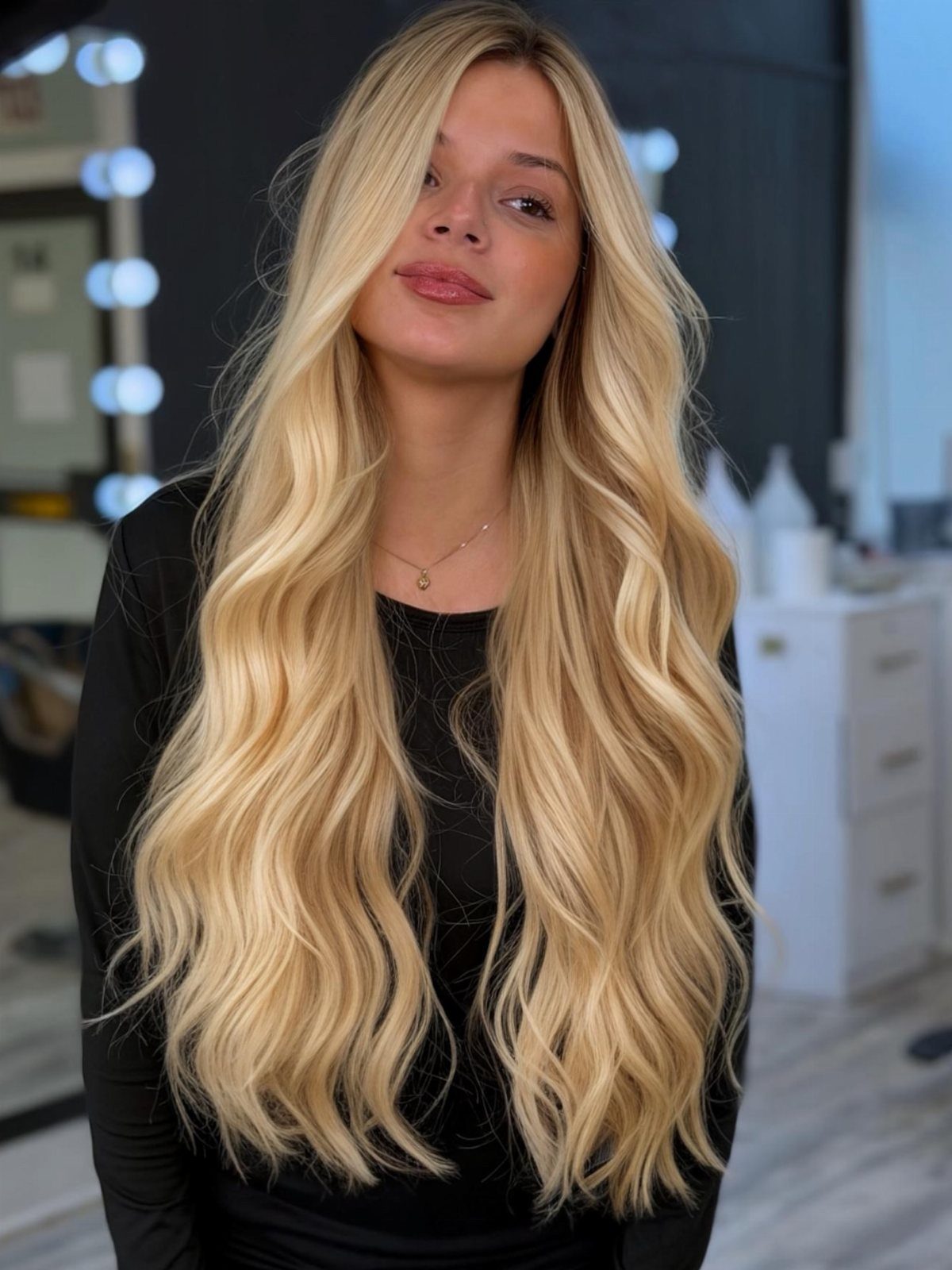 Woman displaying long, wavy golden blonde hair with a luminous warm glow