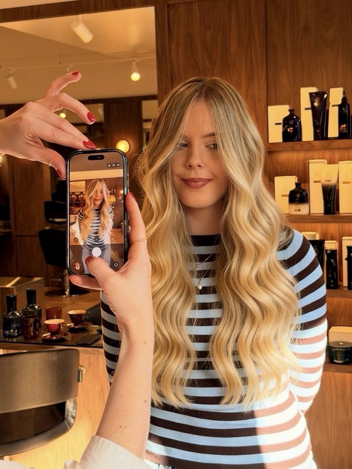 Woman with long glossy honey blonde waves in a warm salon