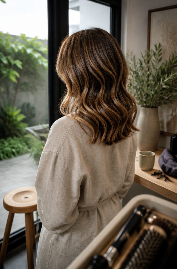 Shoulder length wavy hair with honey highlights and caramel lowlights