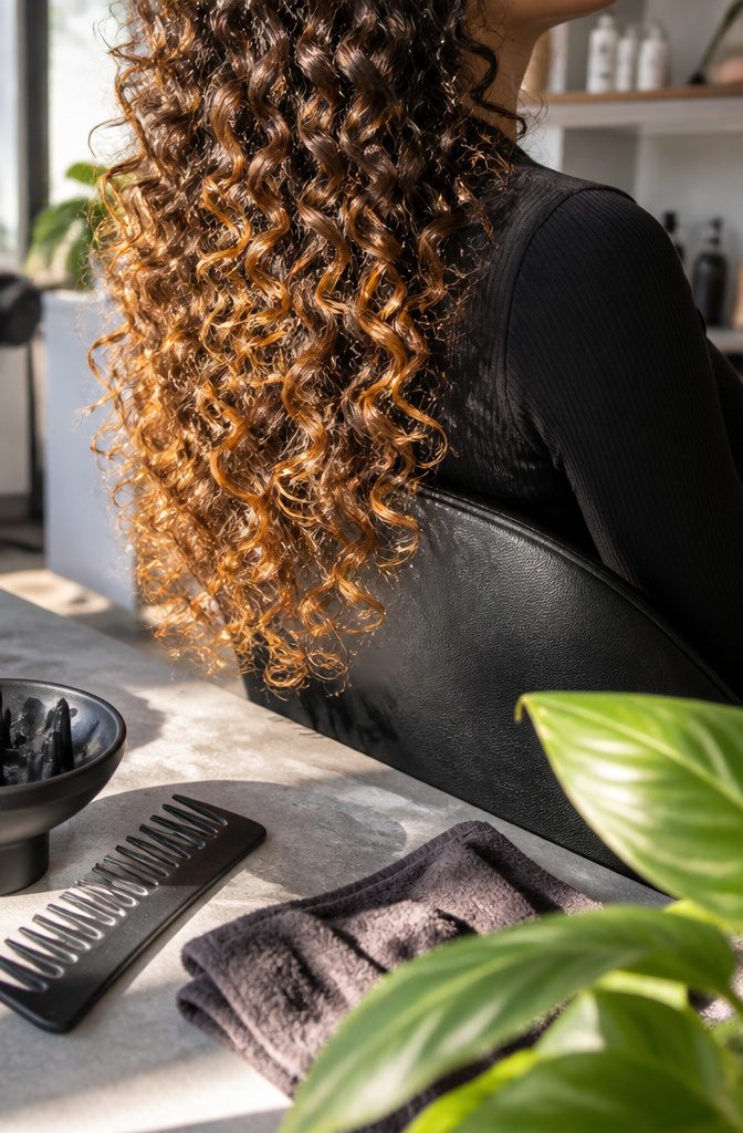 Thick curly hair with honey painted on outer bends and caramel underlayers