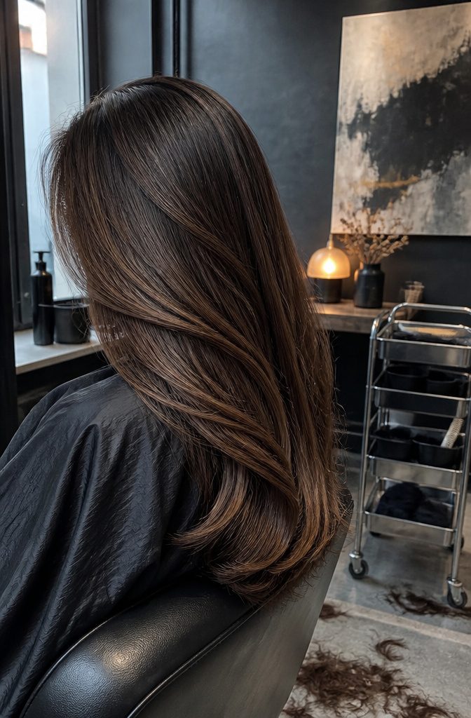 Dark brown hair with deep honey caramel highlights and cool undertones