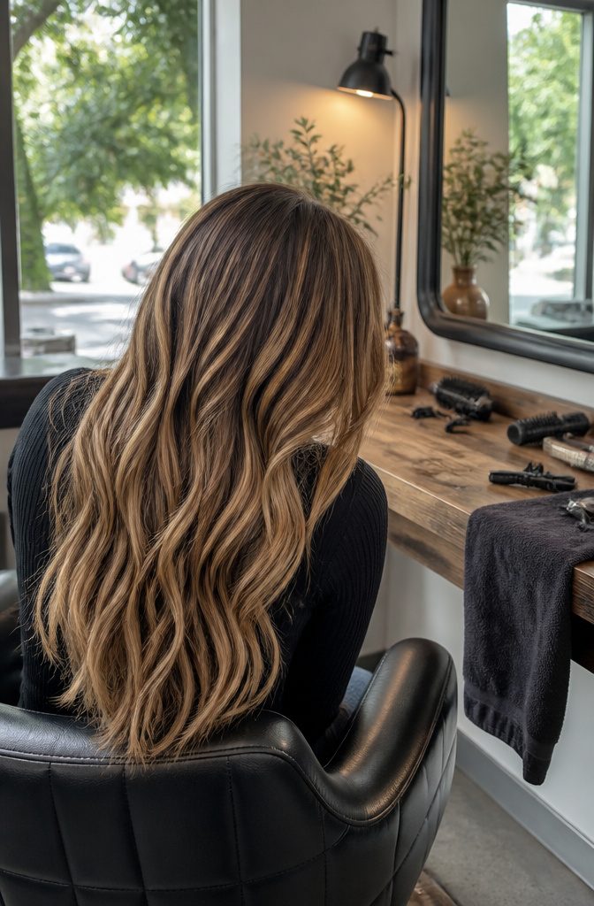Brunette hair with fine honey blonde and caramel highlights