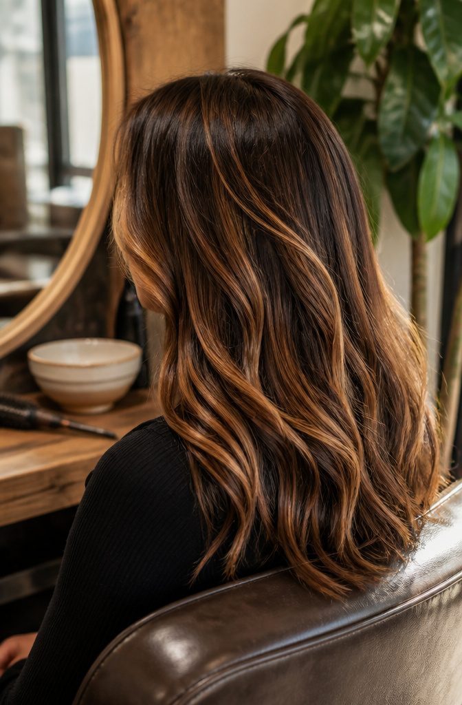 Dark chocolate hair with warm caramel blonde highlights