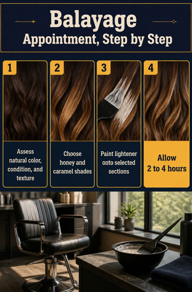 Balayage appointment guide with hand-painted hair coloring steps