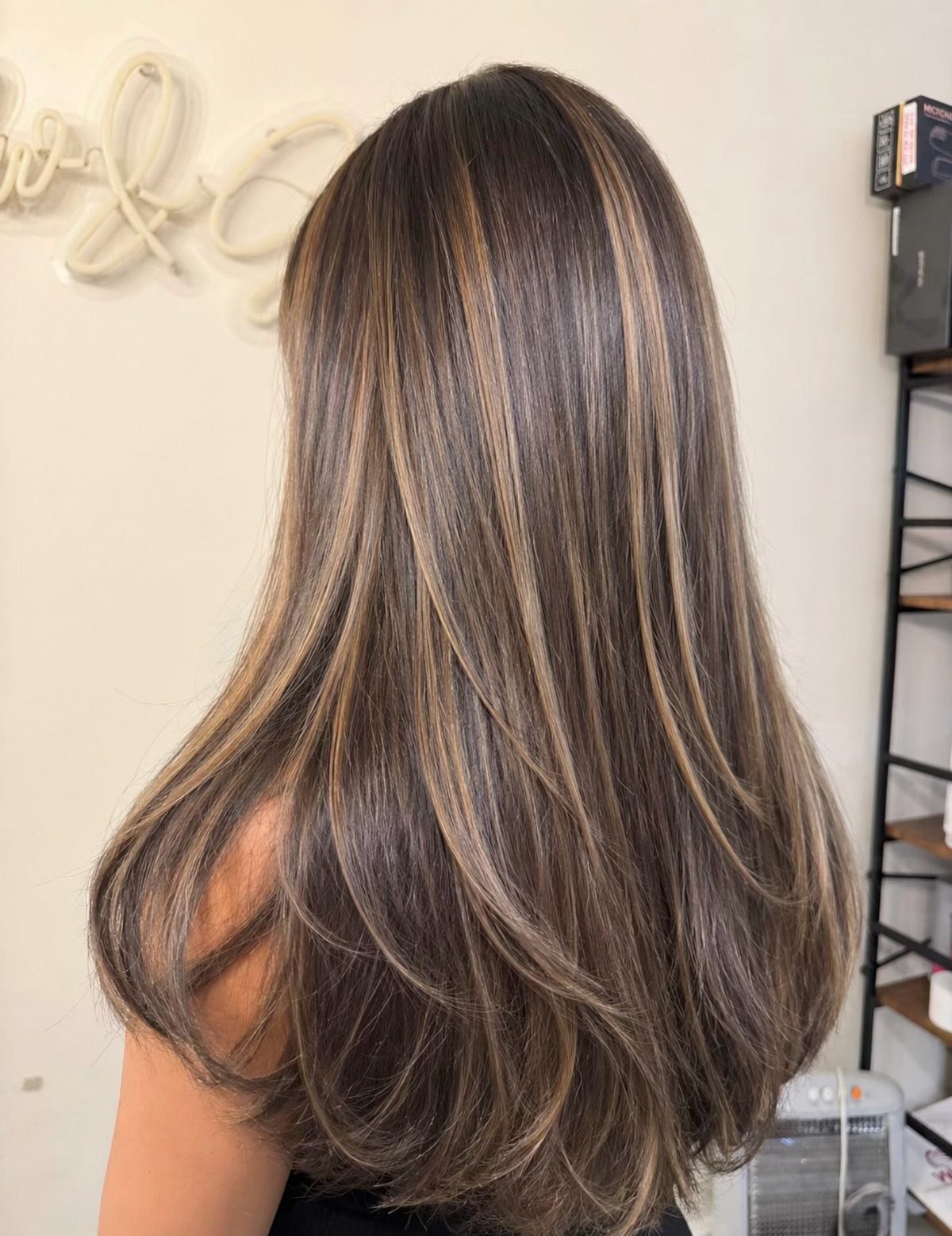 Dark brown layered hair with fine honey highlights shown from behind