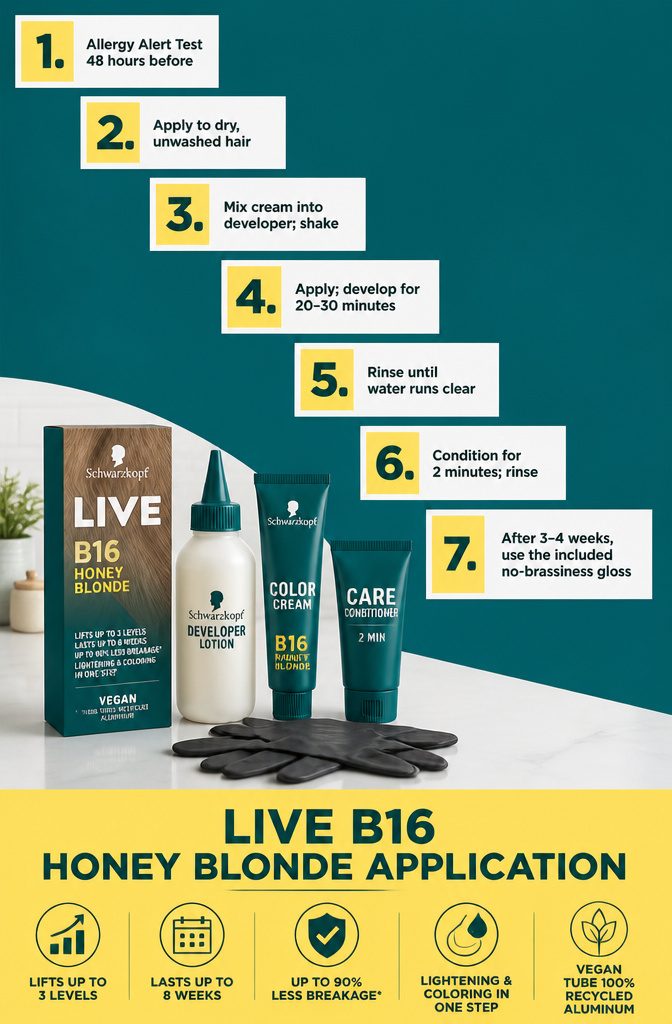 LIVE B16 Honey Blonde application guide with color cream developer and conditioner