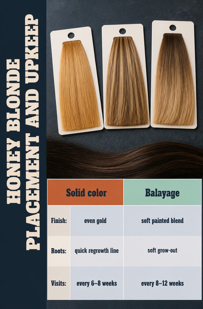 Honey blonde placement chart comparing solid color highlights and balayage