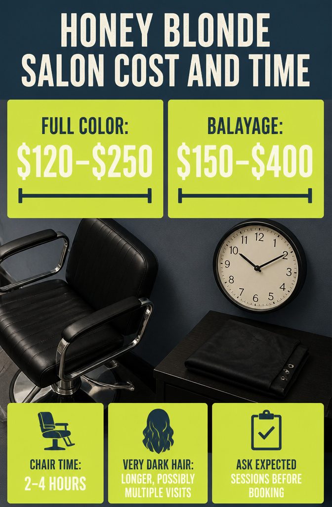 Salon chart comparing honey blonde full color and balayage prices and appointment times