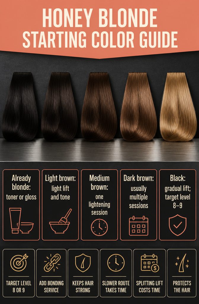 Hair color guide showing blonde light brown medium brown dark brown and black bases