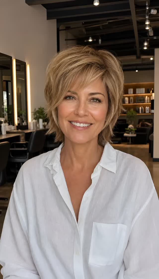 Woman smiling with a short, choppy honey-blonde hairstyle and side-swept bangs.