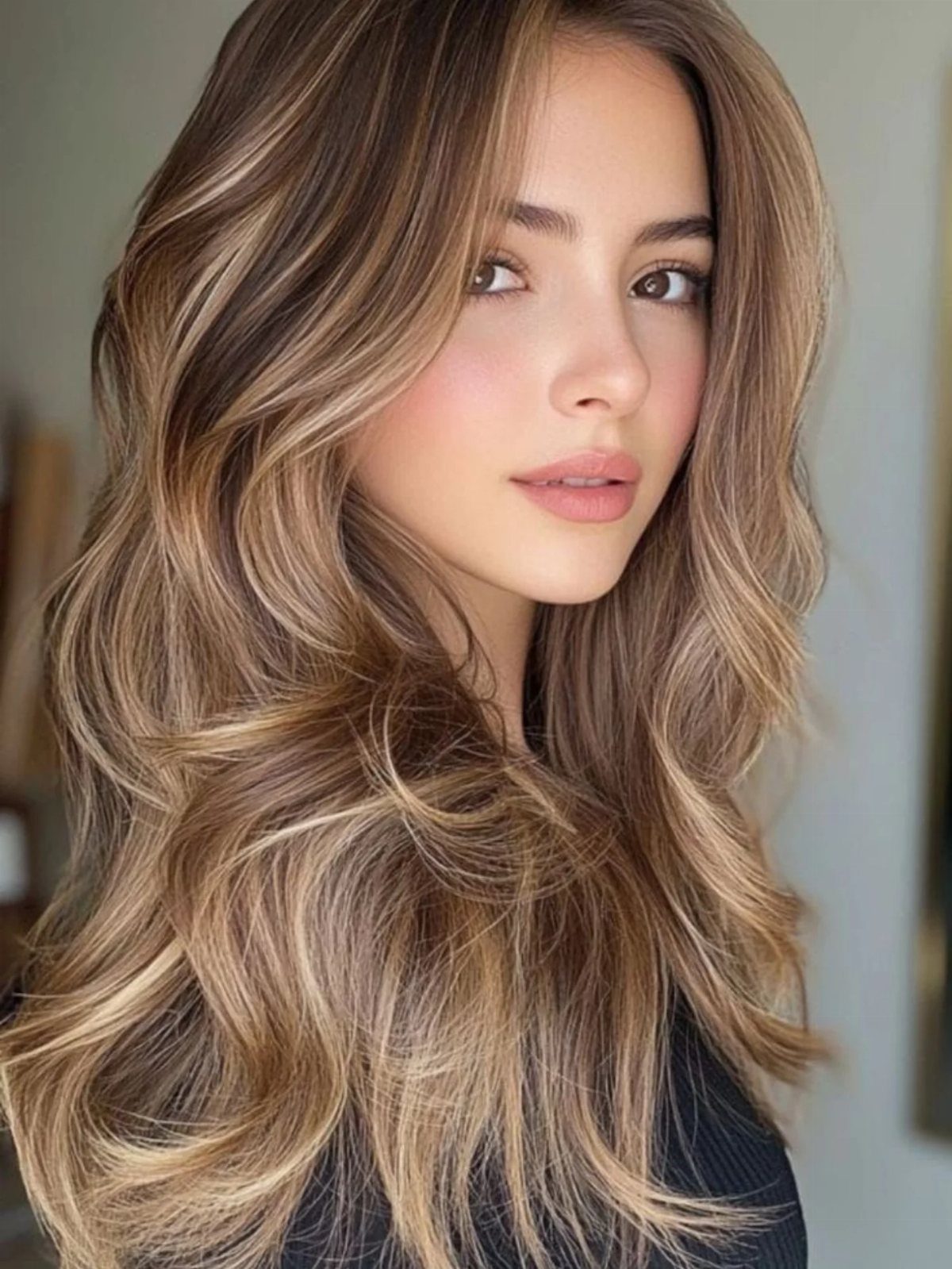 Woman with long honey caramel blonde waves and softly blended darker tones