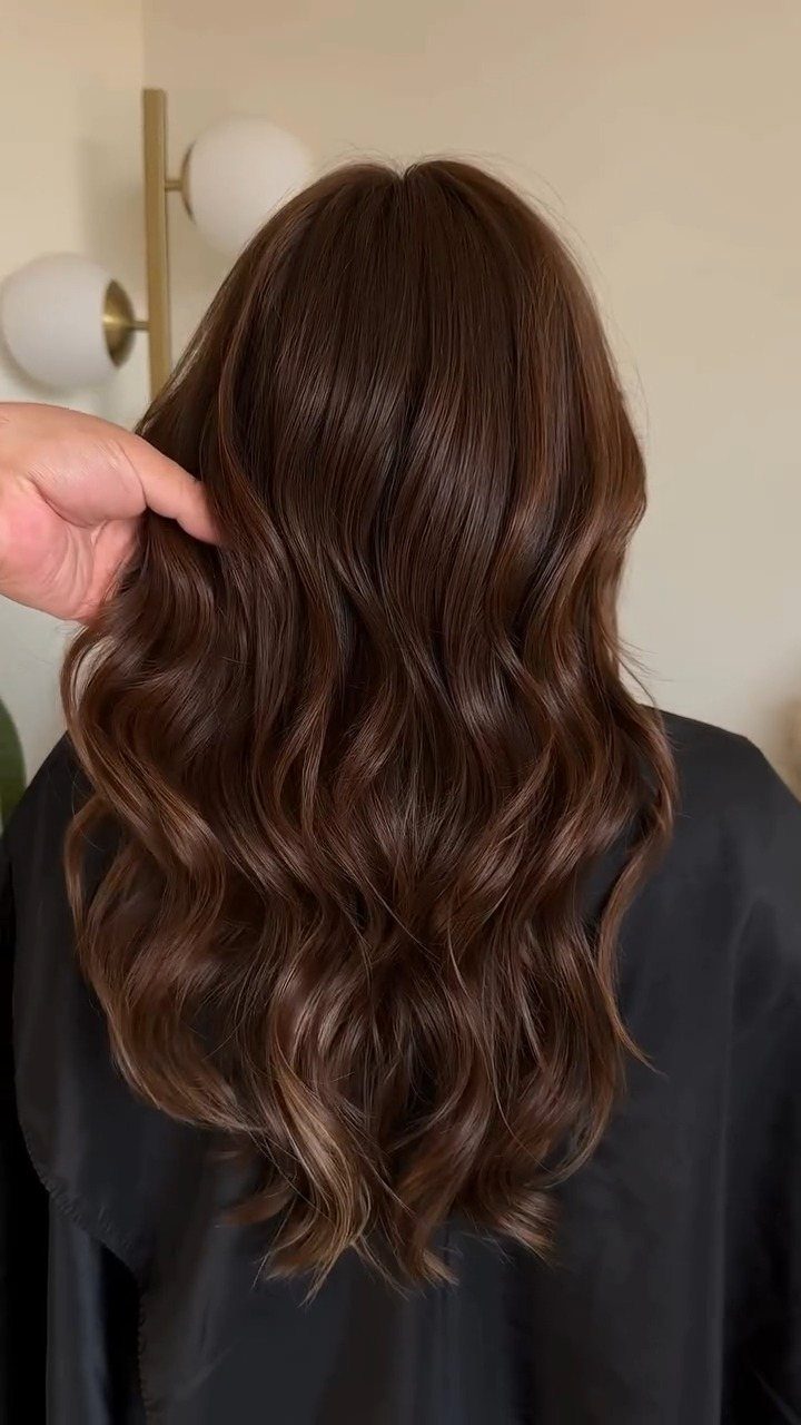 Chestnut honey-brown hair styled in long, loose waves with warm highlights