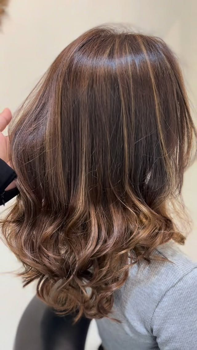 Wavy brown hair with blended honey-brown balayage highlights and curled ends