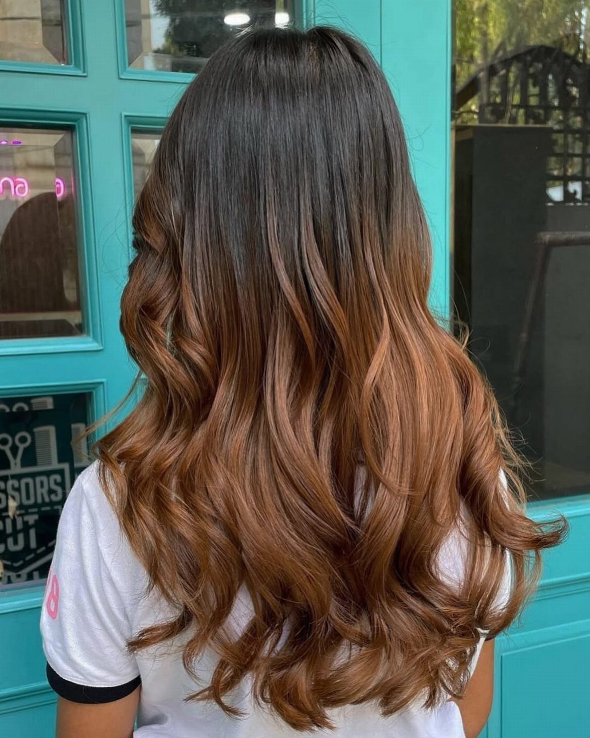 Long dark brown hair gradually transitions into warm honey-brown wavy ends