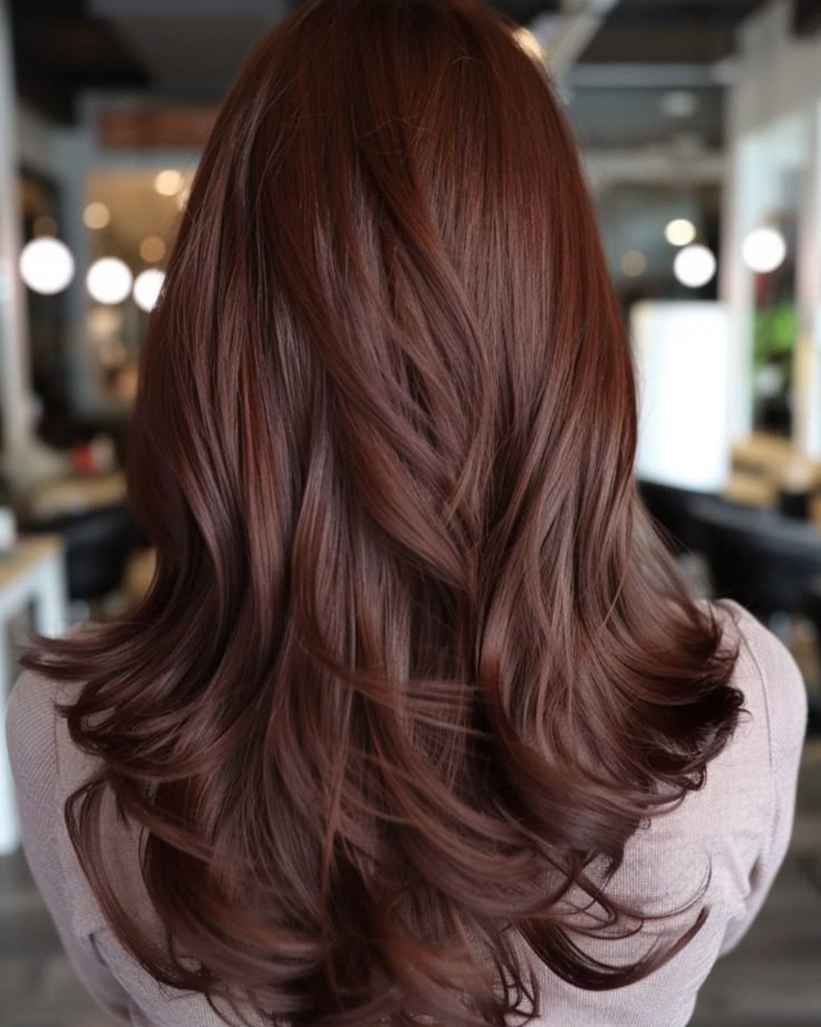 Long layered auburn-brown hair with glossy waves and curled ends