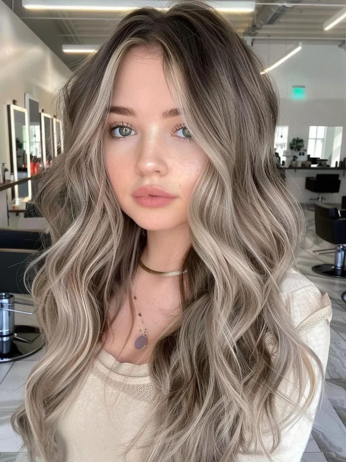 Woman with long mushroom-brown waves and cool beige highlights in a salon
