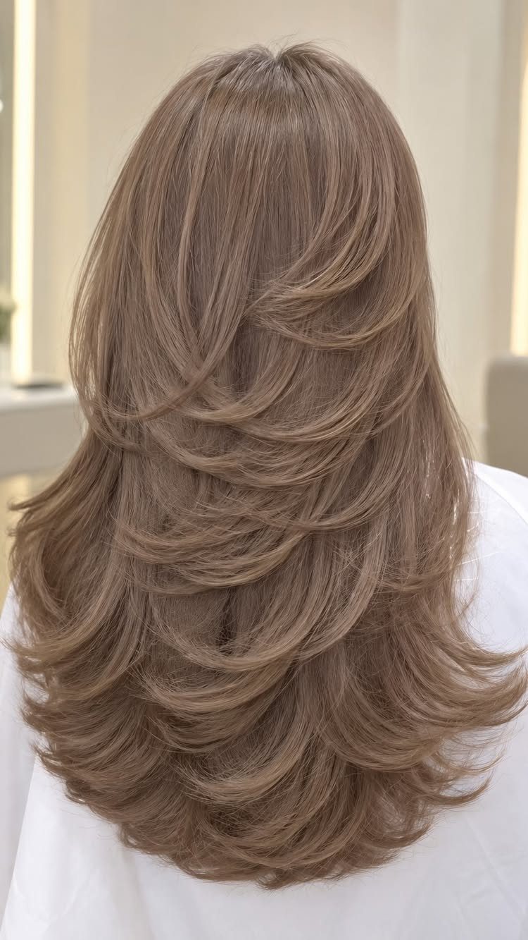 Long layered caramel honey brunette hair styled in voluminous feathered waves