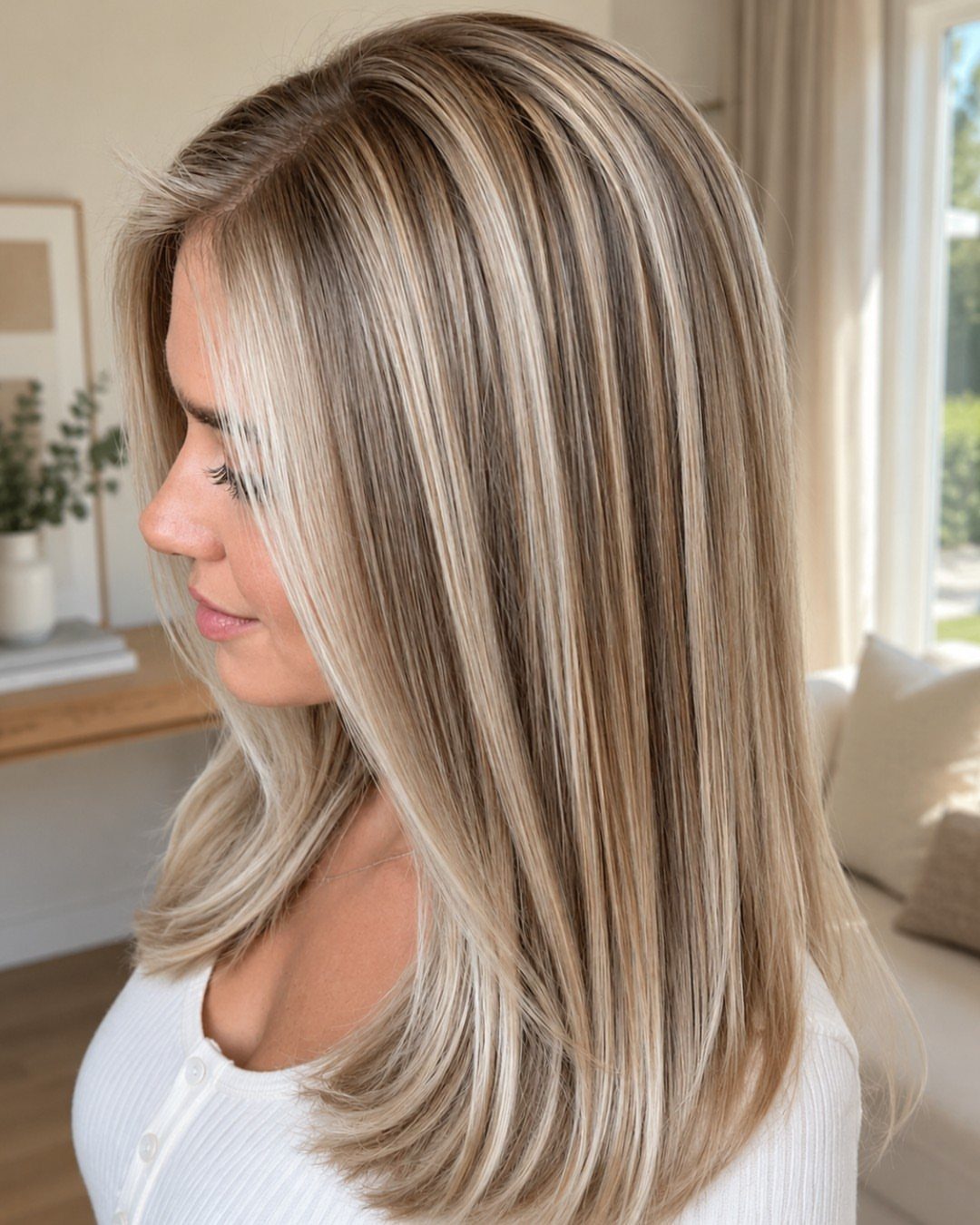 Woman with long champagne blonde hair and pale highlighted layers