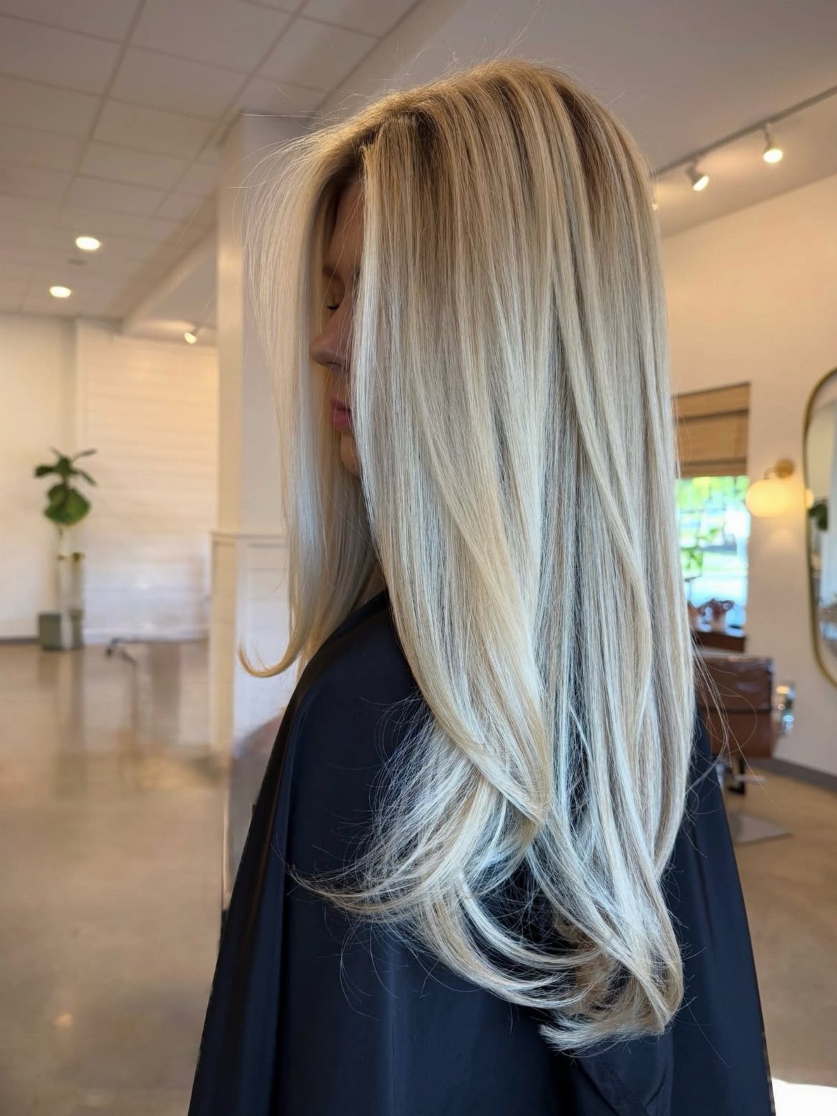 Long layered blonde hair fades from darker roots to icy balayage ends