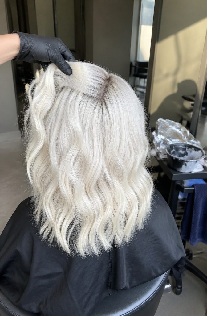 Hair lightened to an even, pale icy blonde from roots to ends